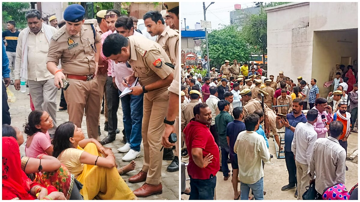PTI : Police personnel outside a hospital where victims of the Hathras' stampede are admitted, in Etah